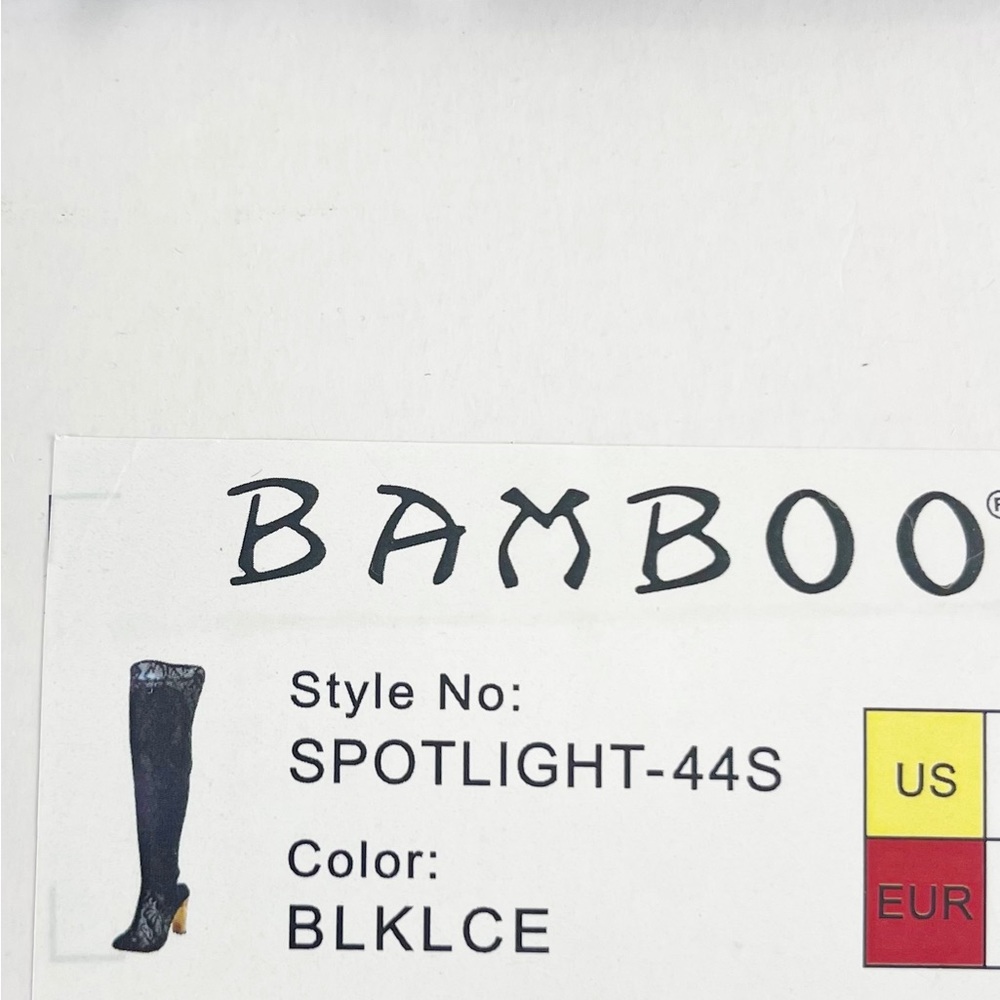 #429 New BAMBOO Spotlight Black Lace Thigh High Peep Toe Heels size 10 - Picture 14 of 14